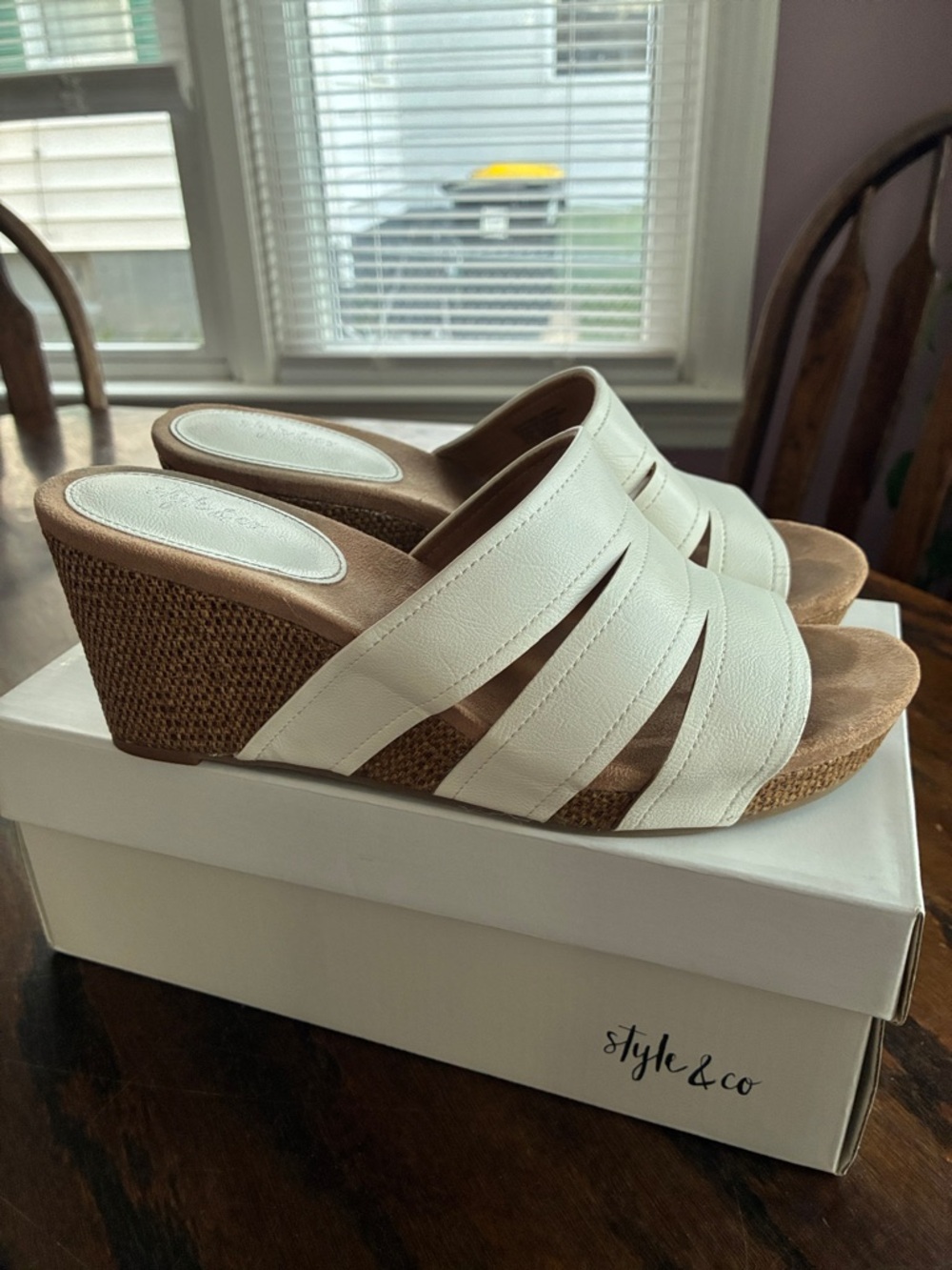 Style & Co. White Strappy Wedge Slide Sandals